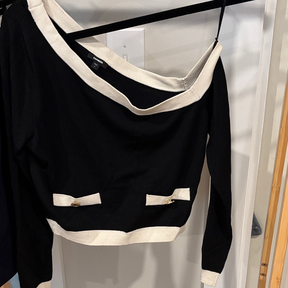 Express Black and Cream Off-Shoulder Top